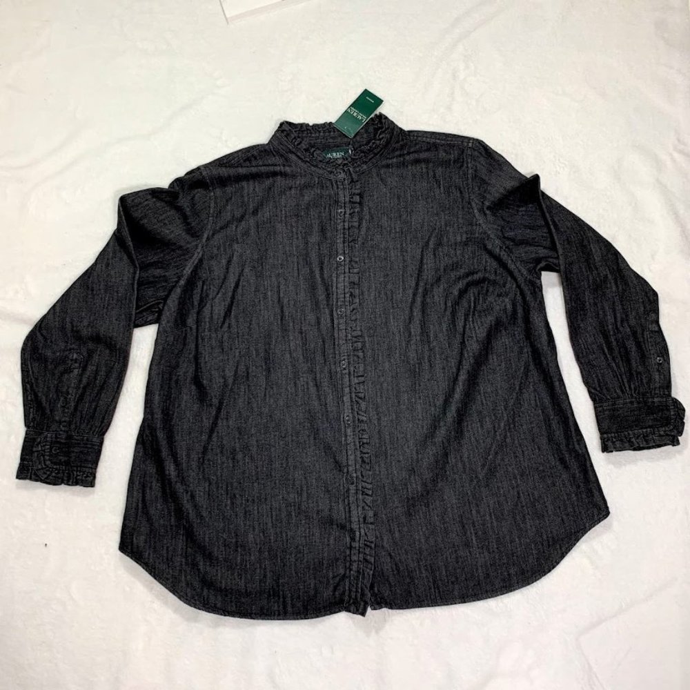 Lauren ruffle neck Dark Blue Denim blouse shirt 3X